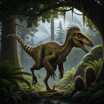 Realistic depiction of a Deinonychus in its prehistoric natural environment