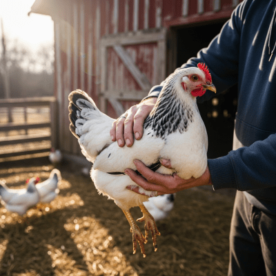 Photograph of a Delaware from the chicken taxonomy interacting with humans in a typical farm setting
