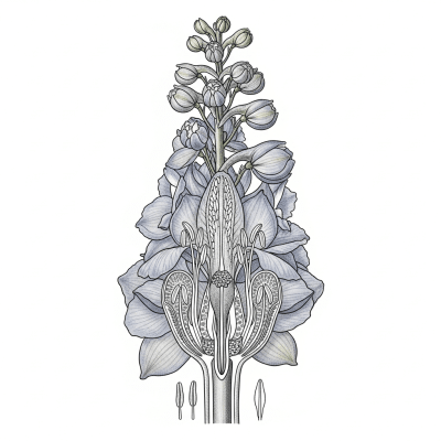 Cross-sectional illustration of a Delphinium (flowers), showing internal parts such as stem, petals, and reproductive organs