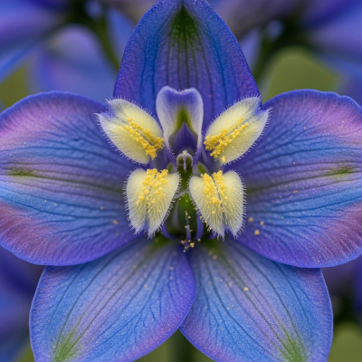 Detailed macro image of a Delphinium (flowers), focusing on the intricate structure of petals, stamens, and pistil