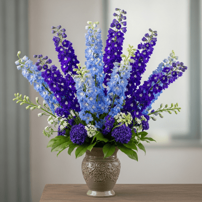 Image of a Delphinium (flowers) arranged in a traditional bouquet or floral arrangement