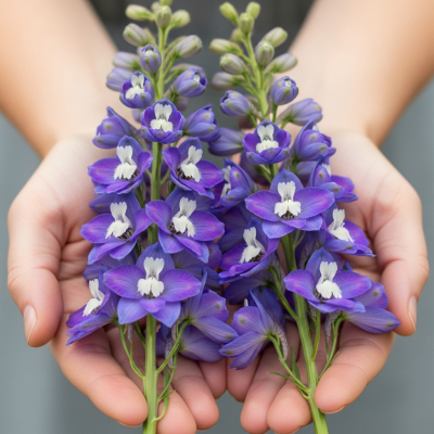Photograph of a Delphinium (flowers) being held or interacted with by a person in a gentle way