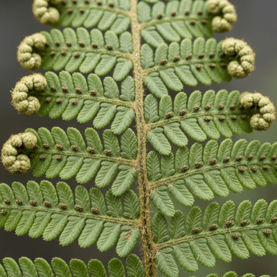 Detailed macro image of the fronds and leaflets of a Dennstaedtiaceae (family), focusing on texture, venation, and sori (spore cases) if visible