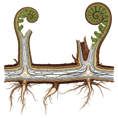 Cross-sectional illustration or photograph of a Dennstaedtiaceae (family), showing internal structure such as rhizome, roots, and vascular bundles