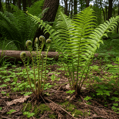 Photograph of a Dennstaedtiaceae (family), of the taxonomy ferns, shown growing in its natural environment, such as a forest understory or shaded woodland