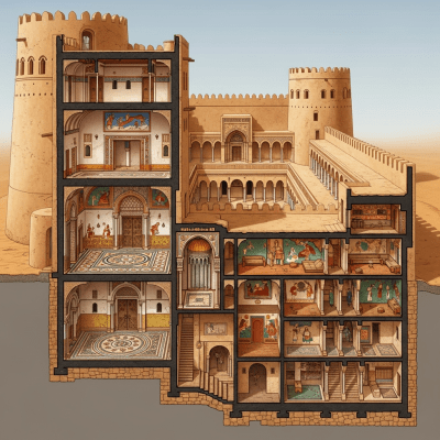 A detailed cross-sectional illustration of a Desert Castle, from the castles taxonomy