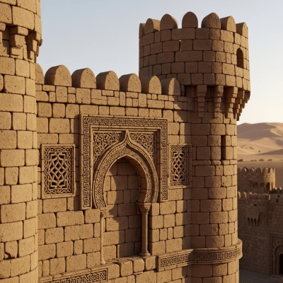 A close-up image focusing on unique architectural details of a Desert Castle, from the castles taxonomy