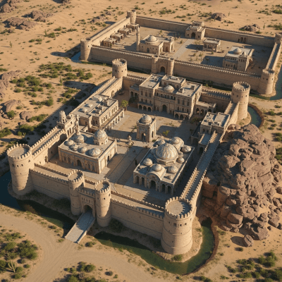 A bird's-eye view rendering of a Desert Castle, classified in the castles taxonomy