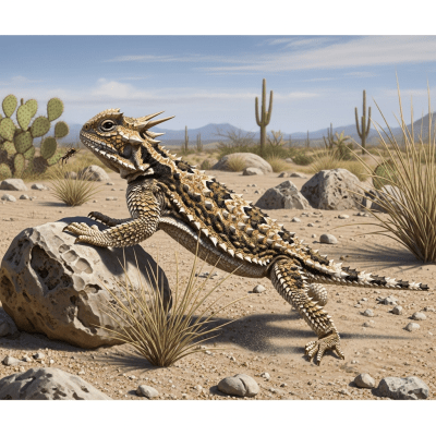 A dynamic action scene featuring a single Desert Horned Lizard (lizards) running, climbing, or catching prey in its typical environment