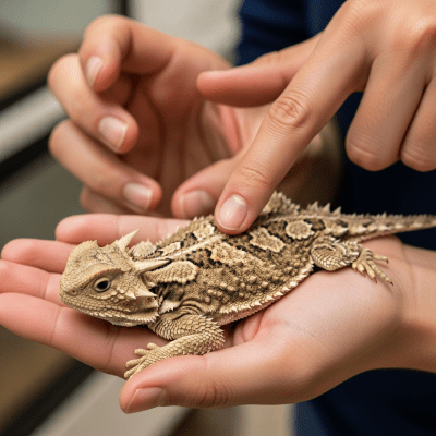 Image of a Desert Horned Lizard interacting with humans in a responsible pet-keeping context