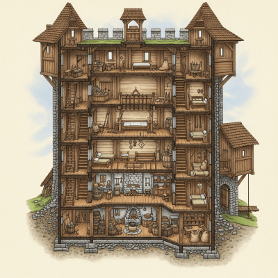 A detailed cross-sectional illustration of a Desman Castle (Central European Timber Castle), from the castles taxonomy