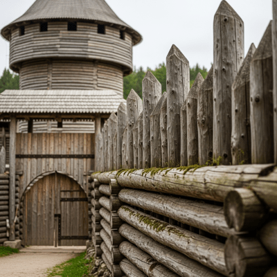 A close-up image focusing on unique architectural details of a Desman Castle (Central European Timber Castle), from the castles taxonomy