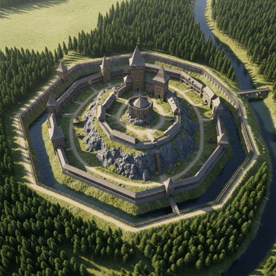 A bird's-eye view rendering of a Desman Castle (Central European Timber Castle), classified in the castles taxonomy