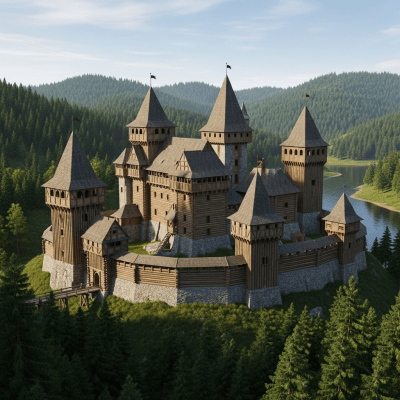 A realistic image of the Desman Castle (Central European Timber Castle) from the castles taxonomy, situated in its historical or natural environment