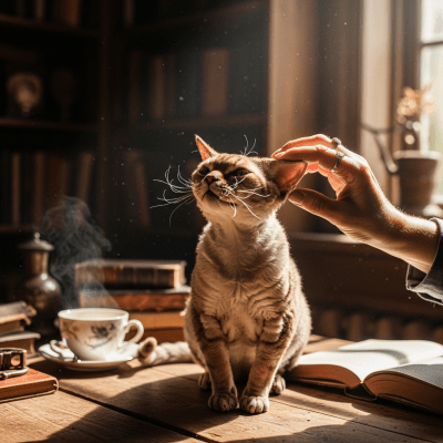 Image of a Devon Rex interacting with humans or participating in cultural activities