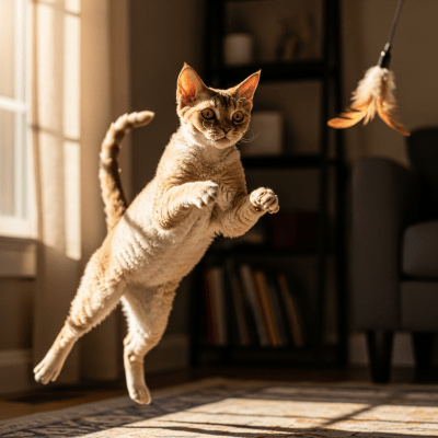 Action shot of a Devon Rex