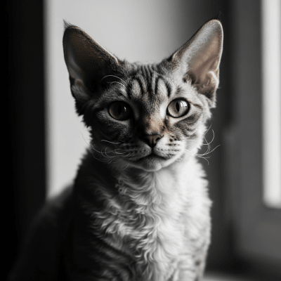 Editorial-style portrait of a Devon Rex from the taxonomy cats.