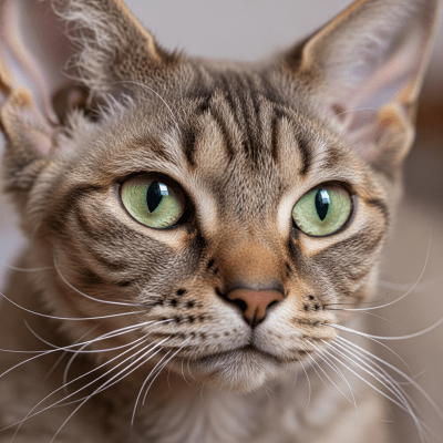Close-up macro photograph of the face of a Devon Rex