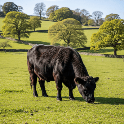 Naturalistic image of a Dexter in its typical environment, such as a grassy pasture or open field