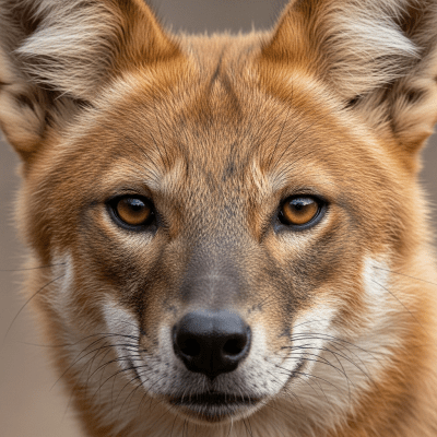 Close-up photograph of the face of a Dhole