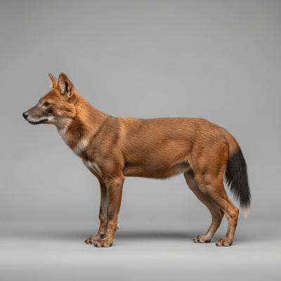Side profile photograph of a standing Dhole, part of the taxonomy canines