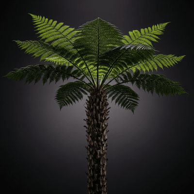 Editorial-style image of a Dicksonia antarctica, of the taxonomy ferns, arranged heroically with dramatic lighting and shallow depth of field to emphasize its form and beauty.