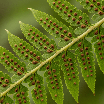 Detailed macro image of the fronds and leaflets of a Dicksonia antarctica, focusing on texture, venation, and sori (spore cases) if visible
