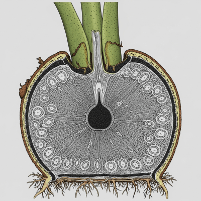 Cross-sectional illustration or photograph of a Dicksonia antarctica, showing internal structure such as rhizome, roots, and vascular bundles