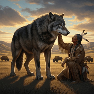 Image of a Dire Wolf interacting with humans in a cultural or practical context