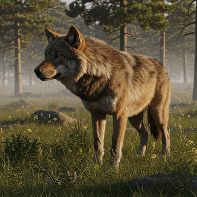 Photograph of a Dire Wolf, part of the taxonomy canines, in its typical natural environment