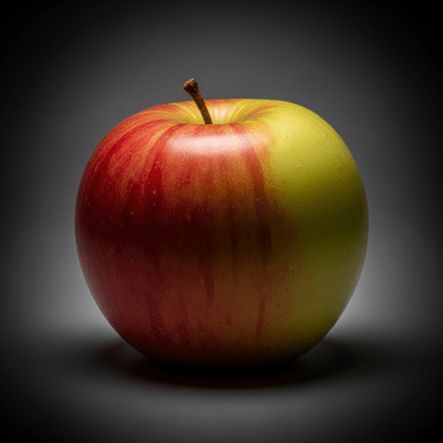 Editorial-style image of a single Discovery from the taxonomy apples, dramatically lit against a dark gradient background to highlight color and texture.