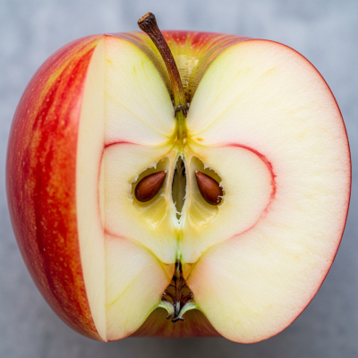 A close-up image showing a cross-section of a Discovery of the taxonomy apples, sliced cleanly in half to reveal internal structure, seeds, and flesh
