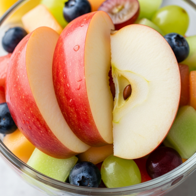 A photograph of a freshly sliced Discovery of the taxonomy apples, presented as part of a fruit salad in a clear bowl
