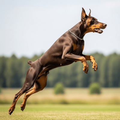 Full body action shot of a Doberman Pinscher