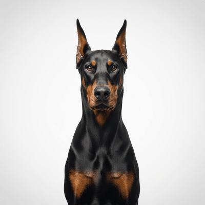 High quality studio photograph of a single Doberman Pinscher