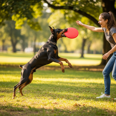Image of a Doberman Pinscher interacting with humans in a typical cultural or domestic setting