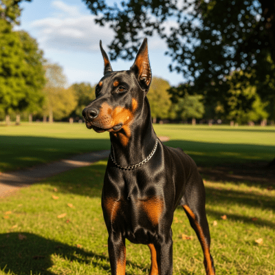 Naturalistic outdoor image of a Doberman Pinscher