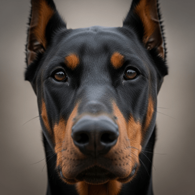 Close-up photograph of the face of a Doberman Pinscher