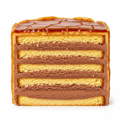 Detailed cross-sectional view of a sliced Dobos Torte (cake), showing internal layers, textures, and ingredients