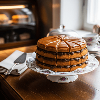 A realistic image of a whole Dobos Torte (cake) displayed on a classic dessert table in a home or bakery setting