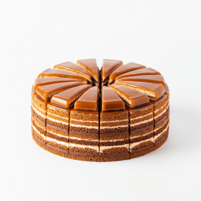High quality studio photograph of a Dobos Torte from the cake taxonomy