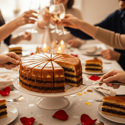 A scene showing the Dobos Torte (cake) being served or enjoyed at a festive occasion, such as a birthday party or wedding