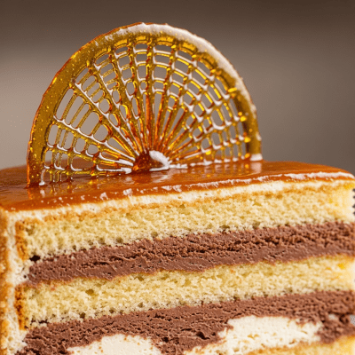 Close-up macro photograph of the surface texture and decoration of a Dobos Torte (cake)