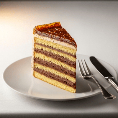 An image of a single slice of Dobos Torte, from the cake taxonomy, isolated on a plate with simple cutlery