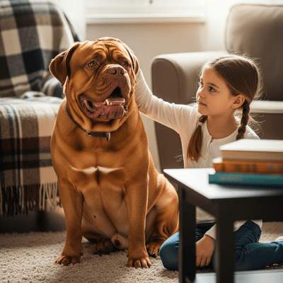 Image of a Dogue de Bordeaux interacting with humans in a typical cultural or domestic setting
