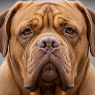 Close-up photograph of the face of a Dogue de Bordeaux