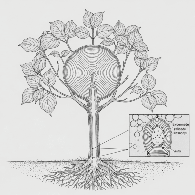 Detailed botanical illustration of the internal structure of a Dogwood