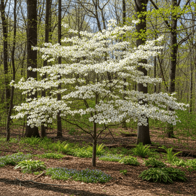 A realistic depiction of a mature Dogwood (trees) in its typical natural environment