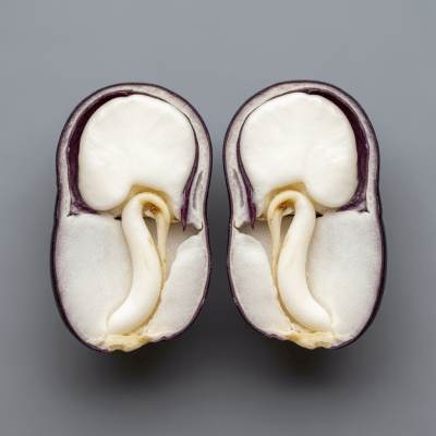 A cross-sectional view of a single Dolichos Bean (beans), sliced cleanly to reveal its internal structure and composition