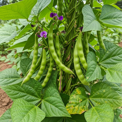 An image of Dolichos Bean, belonging to the taxonomy beans, displayed in its natural environment—such as growing on a plant or vine, surrounded by leaves and soil